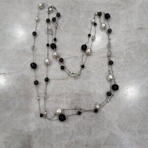 Black Rhinestone Bead and Faux Pearl Multi Strand Necklace